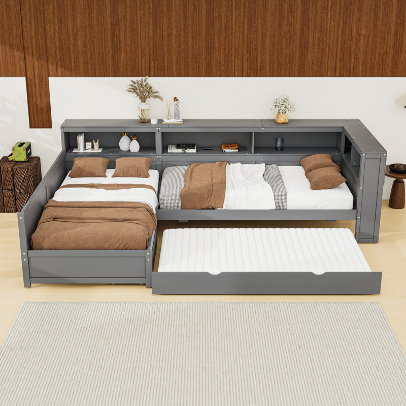 Platform Bed with Trundle, Drawer, Built-In Storage Shelves and Charging Station, Grey