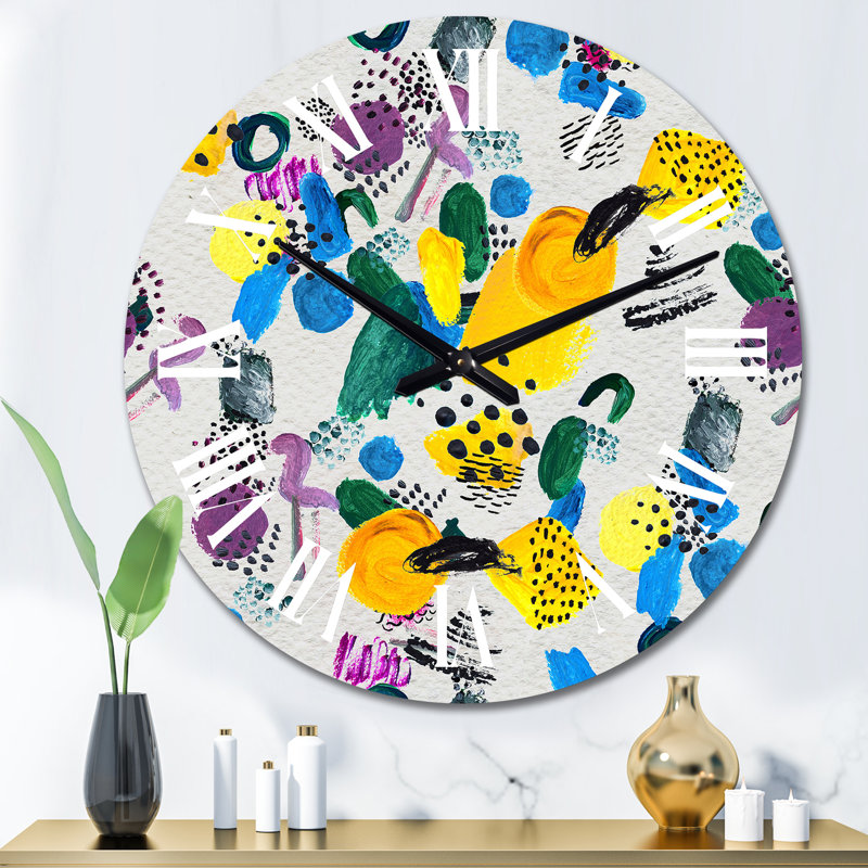 Jaune jaune, bleu et mauve chaos - horloge murale à motifs, Grand