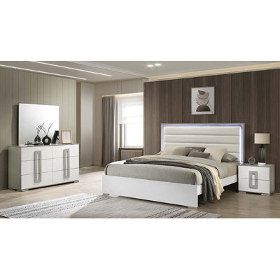 Ensemble de chambre à coucher double 4 pièces avec tête de lit à DEL en bois de style contemporain Olivia