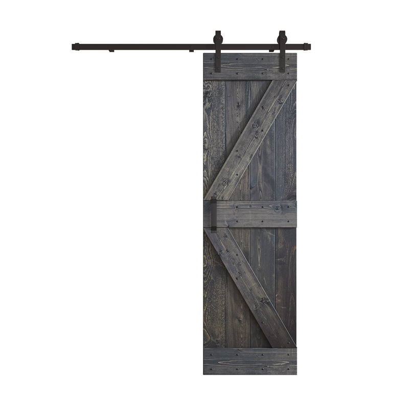 Porte de grange nouée à panneaux en bois et métal K Series, 30 po x 84 po, Gris carbone