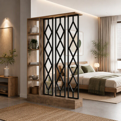 Tall Wall Room Divider, Freestanding Wall Partition with 5-Tier Storage Shelves
