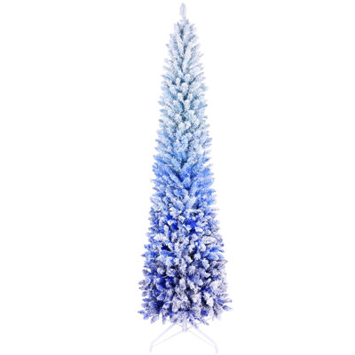 Sapin de Noël artificiel effilé de 2,13 m (7 pi) à dégradé bleu floqué, préilluminé avec 300 lumières DEL blanc chaud, 725 branches, support en métal articulé, sapin étroit et enneigé pour la décoration intérieure des fêtes.