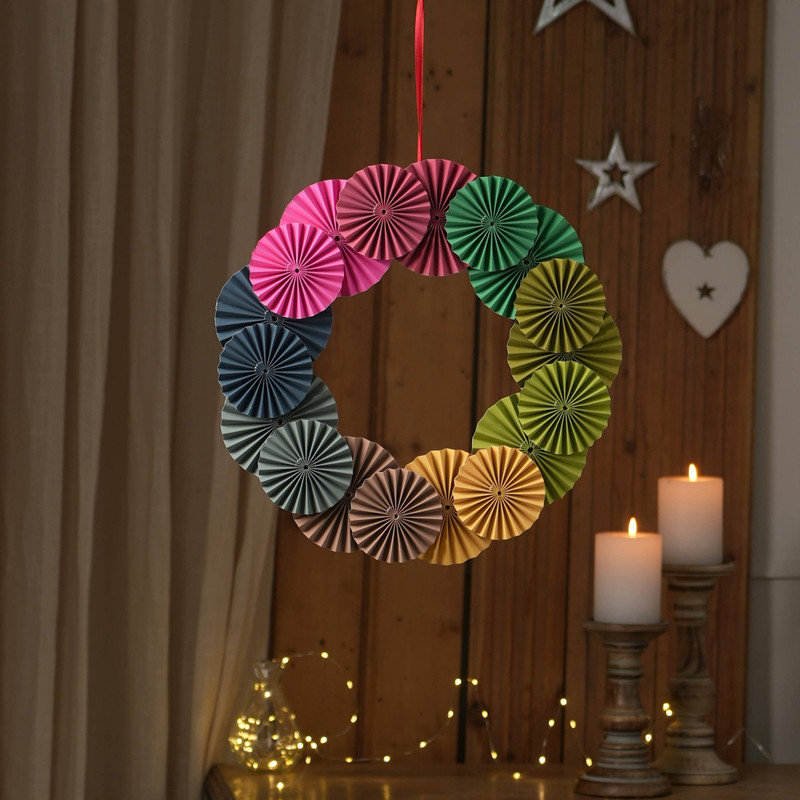 Couronne de fleurs de papier multicolore fabriquée à la main, décoration murale festive pour la maison