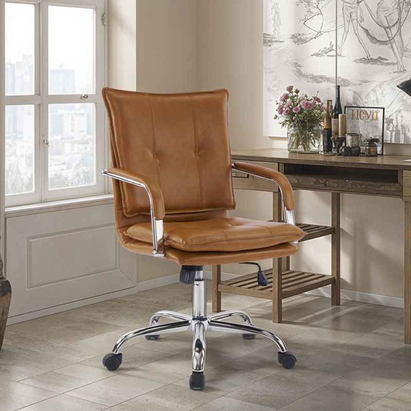 Chaise de travail en cuir Dareece avec accoudoirs rembourrés, Chameau