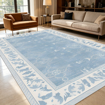 1PC Vintage Distressed Pale Blue Floral Bordered area rugs for Living Room, Soft and Comfortable, Suitable for all seasons, easy-to-maintain, machine washable, suitable for dining room, bedroom, entryway, kitchen, Home Decor, Outdoor Decor.