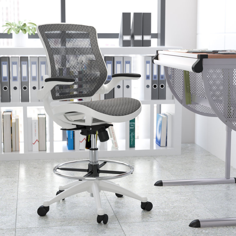 Mid-Back Transparent Mesh Drafting Chair with Flip-Up Arms, Grey/White