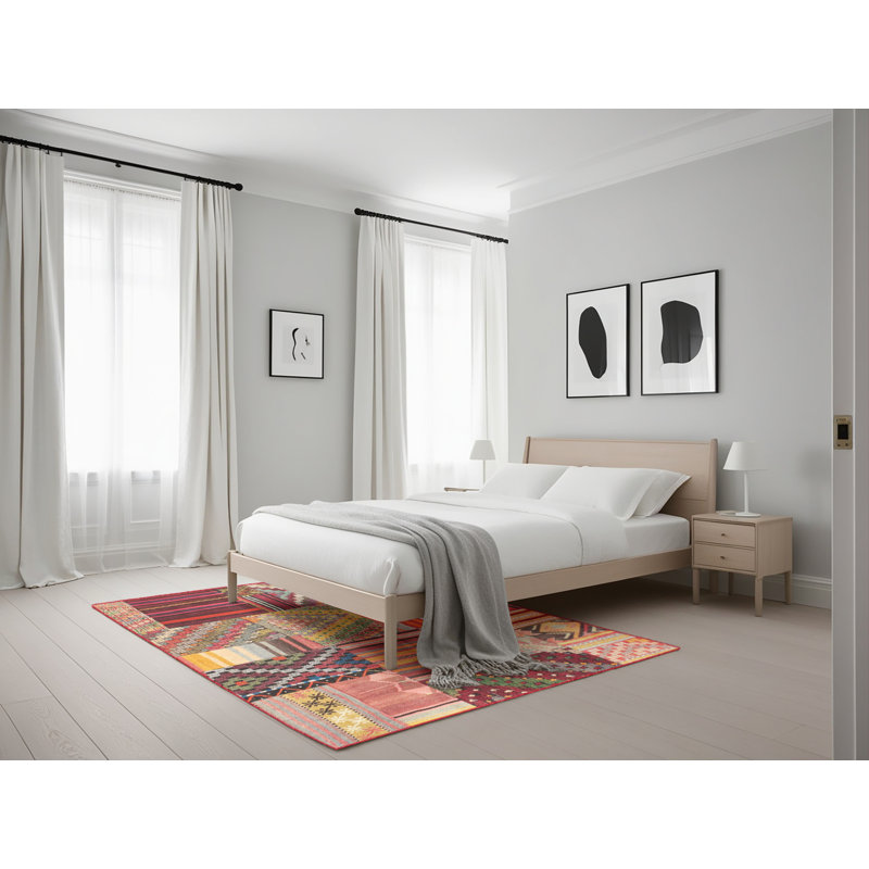 Tapis de zone rouge/orange contemporaine, Rectangle 5 pi x 7 pi