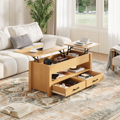 Table basse à plateau relevable multifonctionnel de 47,2 po avec rangement: plateau de table relevable en bois, 2 tiroirs, compartiment caché pour le salon et le bureau personnel