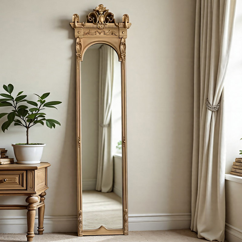 American-Style Vintage Carved Frame Wall-Mounted Full-Length Mirror, 62.99" x 19.69"