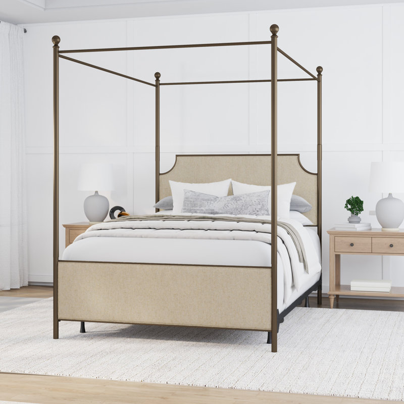 Olague Low Profile Canopy Bed, Queen, Oiled Bronze/Linen Stone