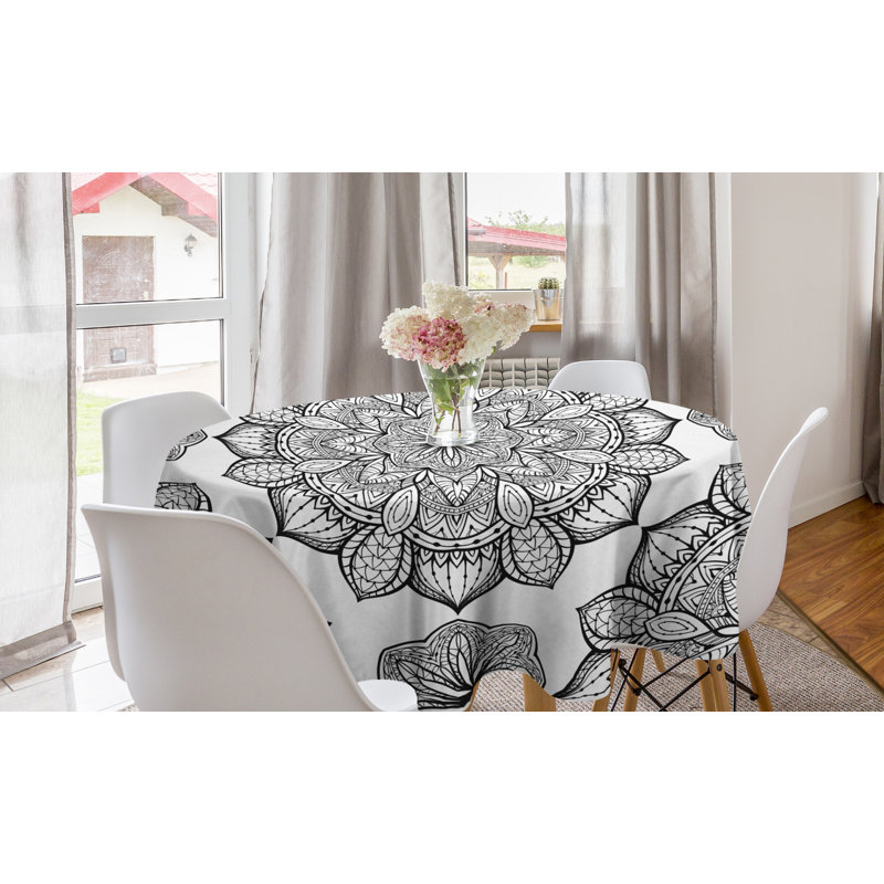 Ambesonne Mandala Round Tablecloth, Abstract And Floral Round Culture Of Cosmos, Circle Table Cloth Cover For Dining Room Kitchen Decoration, 60", Black White