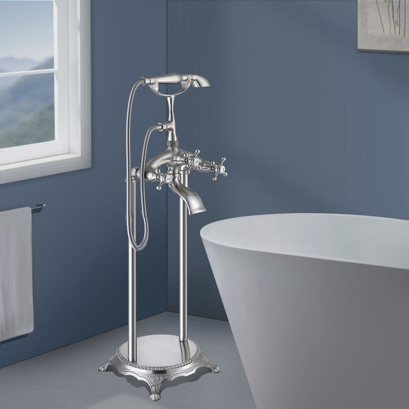 Triple Handle Floor Mounted Tub Filler With Handshower, Brushed Nickel