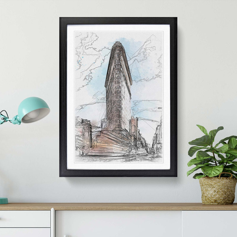 Flatiron Building in New York in Abstract - Picture Frame Graphic Art Print, 48cm H x 36cm W x 2cm D, Black Framed