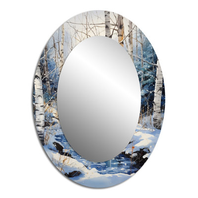 Birch Woods Winter Moonrise I - Blue Traditional Oval Wall Mirror