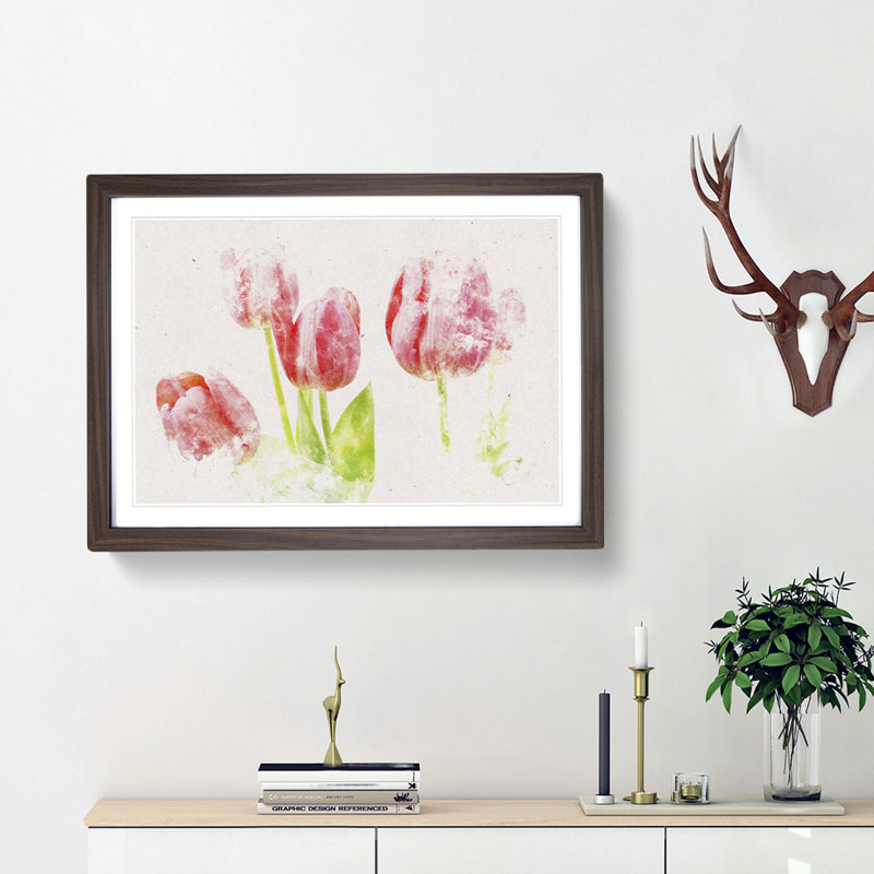 Beautiful Pink Tulips Watercolour - Picture Frame Graphic Art Print, Walnut Framed, 36cm H x 48cm W x 2cm D