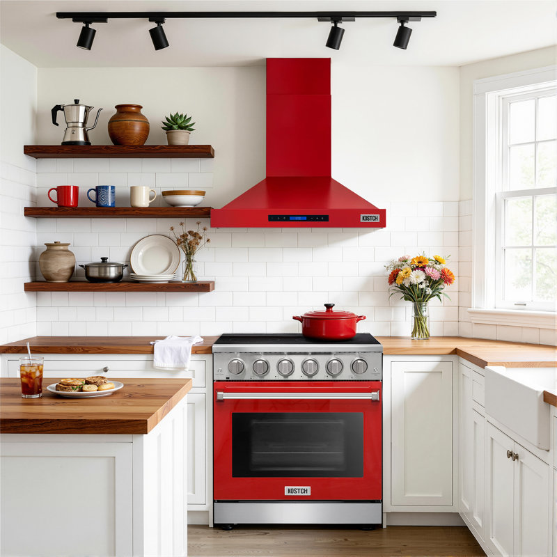 Hotte murale à conduit 30 pouces en acier inoxydable Kostch, puissance d'aspiration de 600 pi³ / min avec commande à écran tactile, filtres amovibles et lumières DEL, rouge