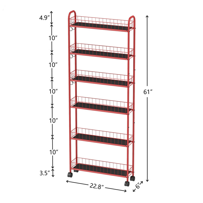 Red 6-Tier Rolling Cart Gap Kitchen Slim Slide Out Storage Tower Rack with Wheels, 61" x 22.8" x 6"