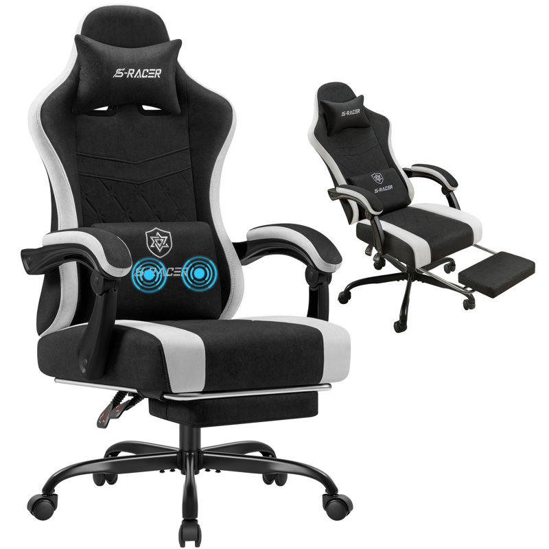 Fabric Gaming Chair With Massage Lumbar Support, High Back Ergonomic Computer Chair With Footrest, Reclining Game Chair With Linkage Armrests