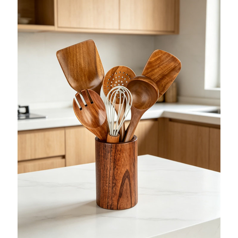 Ensemble 7 pièces d'ustensiles en bois d'acacia naturel avec support - cuillères de cuisson anti-égratignures, spatule, tourneur, écumoire, fourchette à salade pour batterie de cuisine antiadhésive