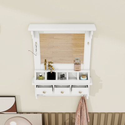 Meuble-lavabo flottant mural avec miroir HD, 3 tiroirs, poches et crochets