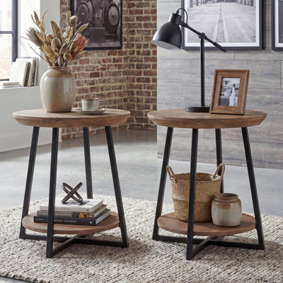 19.68" Round 2-Tier Solid Wood End Table, Industrial Farmhouse Side Table with Black Metal Frame, Storage Accent Table for Living Room Bedroom