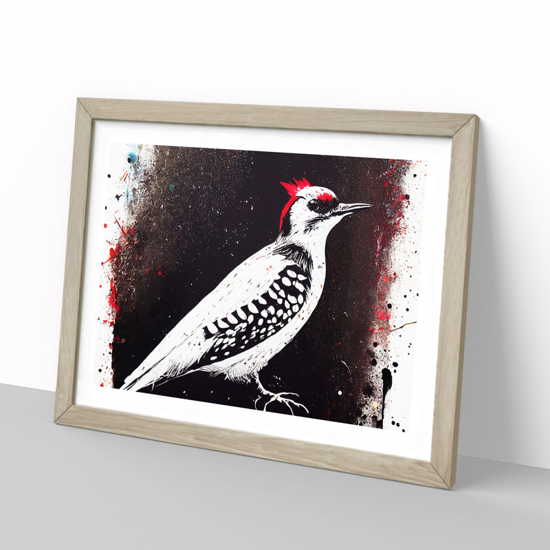 Dramatic Woodpecker Bird Abstract - Single Picture Frame Painting, 34cm H x 46cm W x 2cm D, Oak Framed