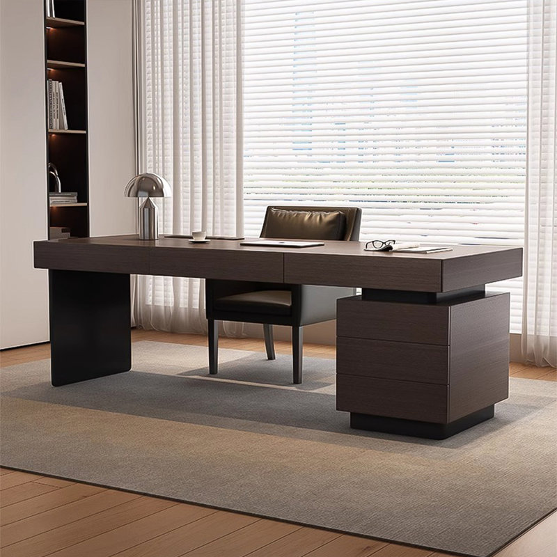 Light Luxury Modern Brown Home Office Desk with Spacious Drawers and Storage Cabinet, 29.53" H x 78.74" W x 27.56" D