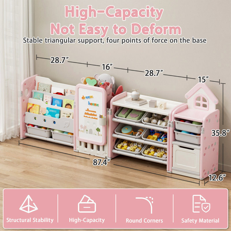 Foldable Kids Toy Storage Organizer ,With Removable Bins And 3-Tier Bookshelf For Kids Toy Storage Organizer With Drawing Board, Extra 3 Brushes