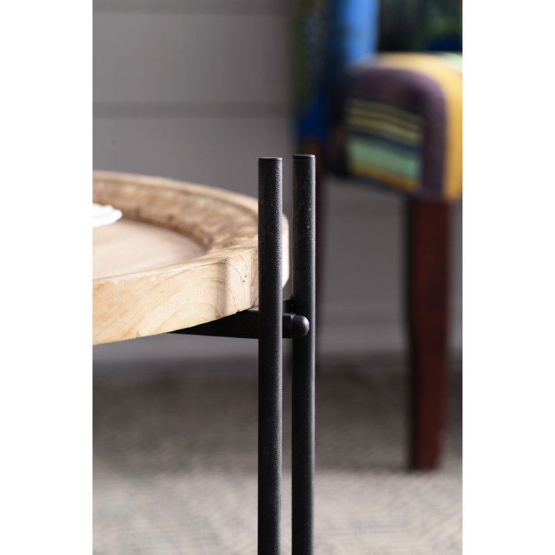 Table basse ronde avec surface en bois et pieds en métal, 31,7 x 31,7 x 18,1, brun noir, plateforme moderne
