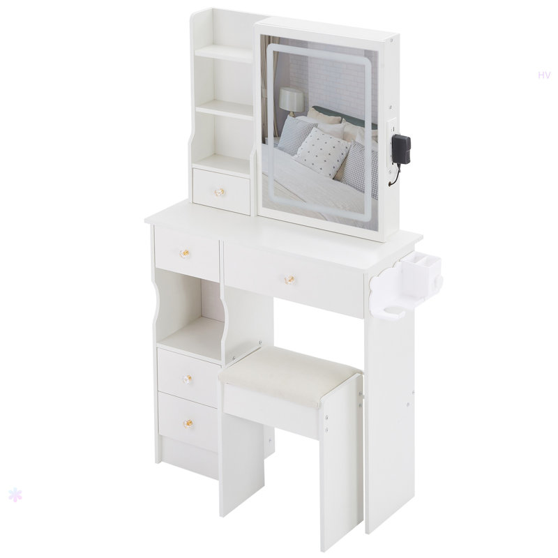 29.2" Small Left Drawer Desktop Vanity Table + Cushioned Stool