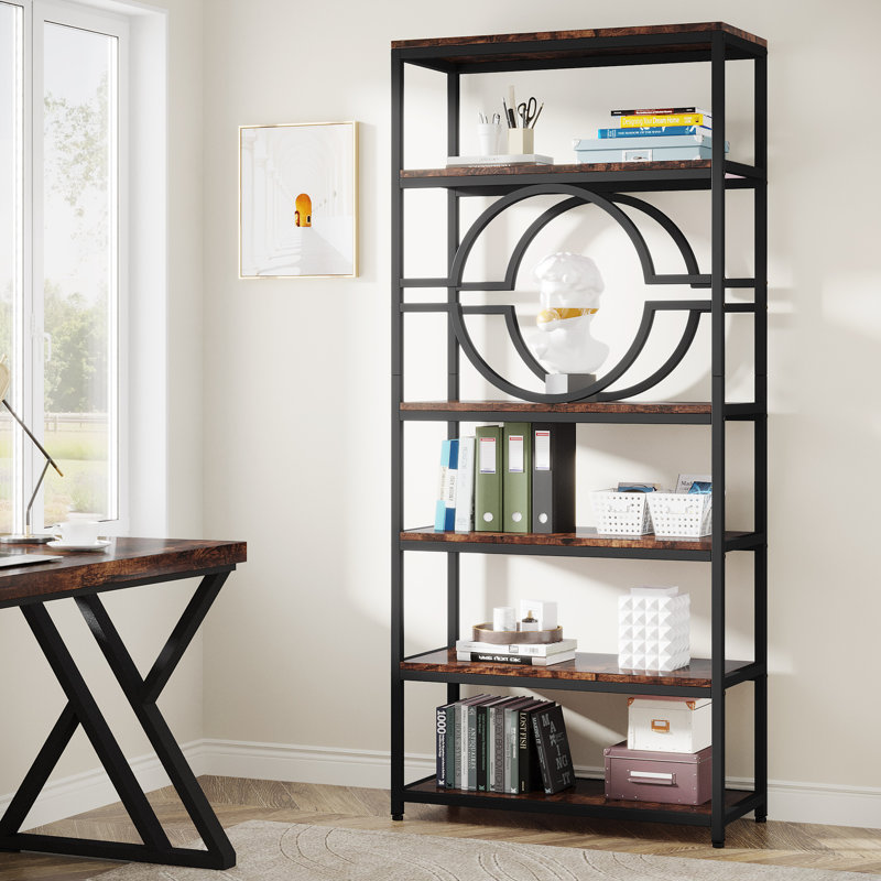 188.5 cm H x 80 cm W Steel Etagere Bookcase, Rustic Brown/Black