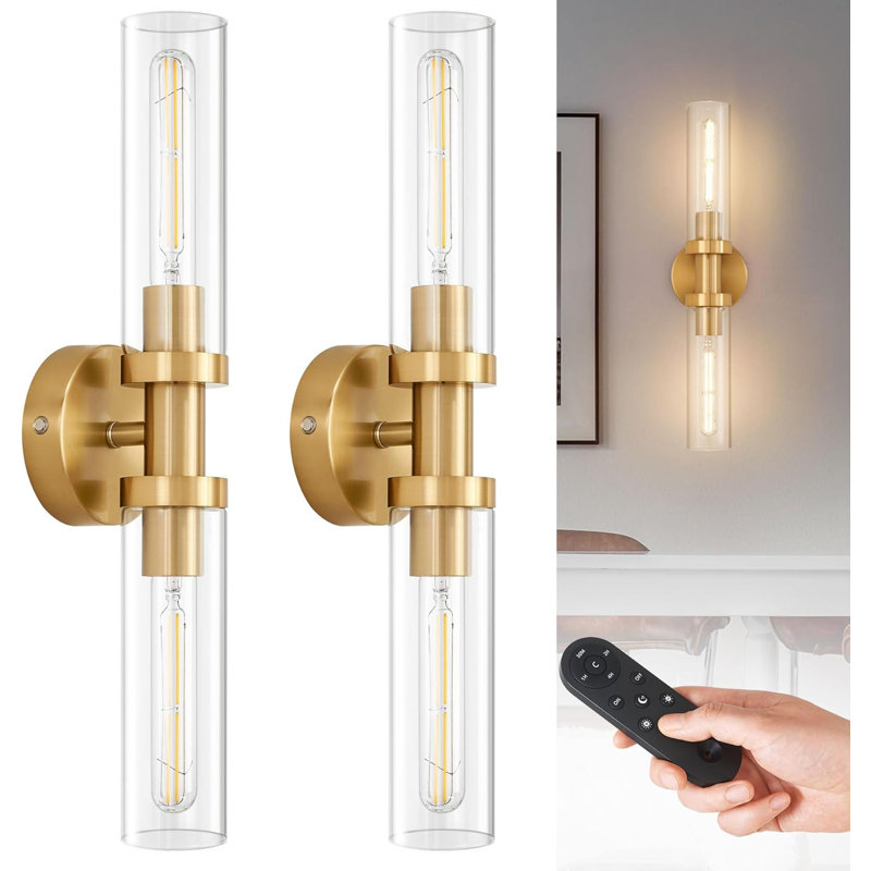 Gold Battery Operated Wall Sconce Set of 2, 12000mAh Rechargeable Wall Lights with Remote Control, Wireless Dimmable Wall Lamps for Bedroom Living Room Bathroom Hallway Stairwell