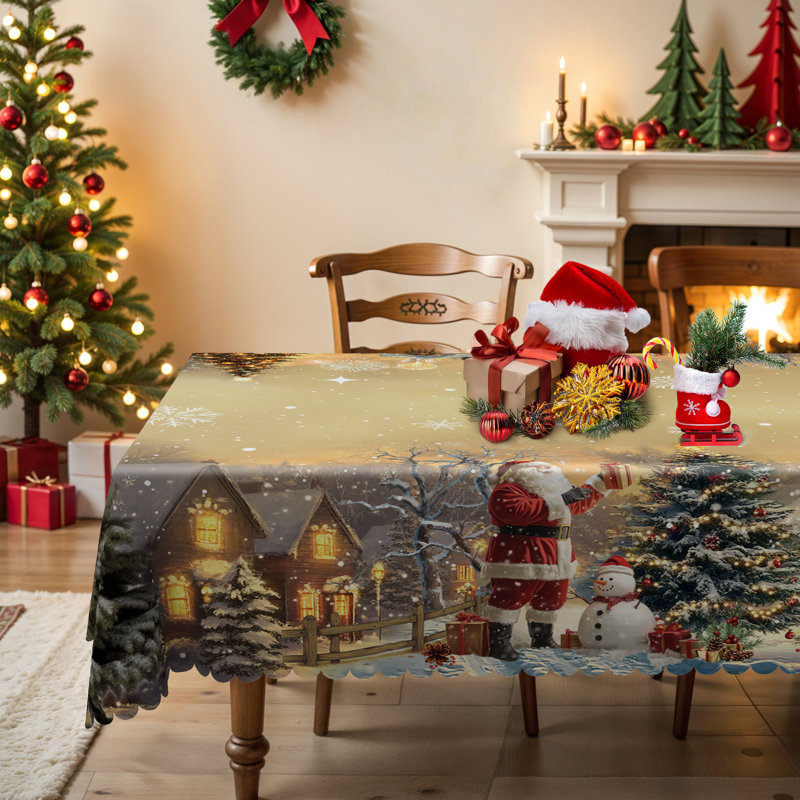 1pc Christmas Themed Print Tablecloth, Round/Rectangular Table Cloth, Mantel Para Mesa De Comedor, Xmas Decor, Holiday Party Indoor Dining Decor, Round Rectangle Christmas Table Cover, Festive Home Kitchen Accessory Gifts, Several Sizes Available