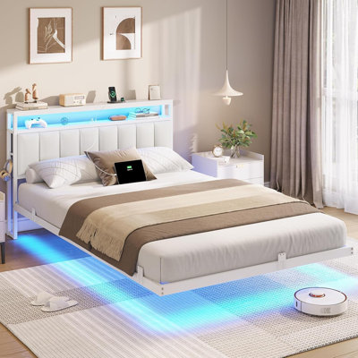 Bed FrameFloating bed with LED and charging station(3 USB ports and 1 Type-C Port), Metal Bed Frame with Storage Space Underneath and Upholstered Headboard