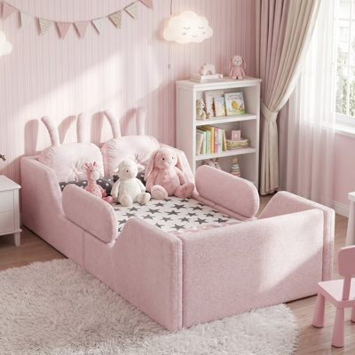Twin Upholstered Kids Floor Platform Bed with Detachable Side Guardrails, Cute Removable Rabbit Decor Cushion, Soft Pink Fabric Frame for Child Bedroom