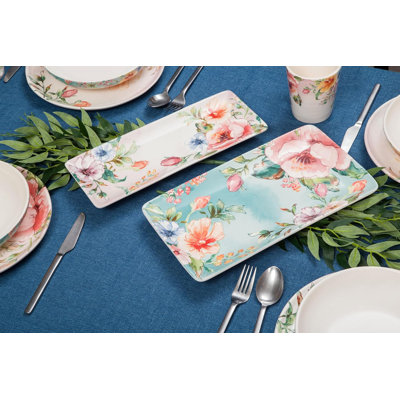 Set of 2 Ceramic 14 inch Rectangular Serving Platter Garden
