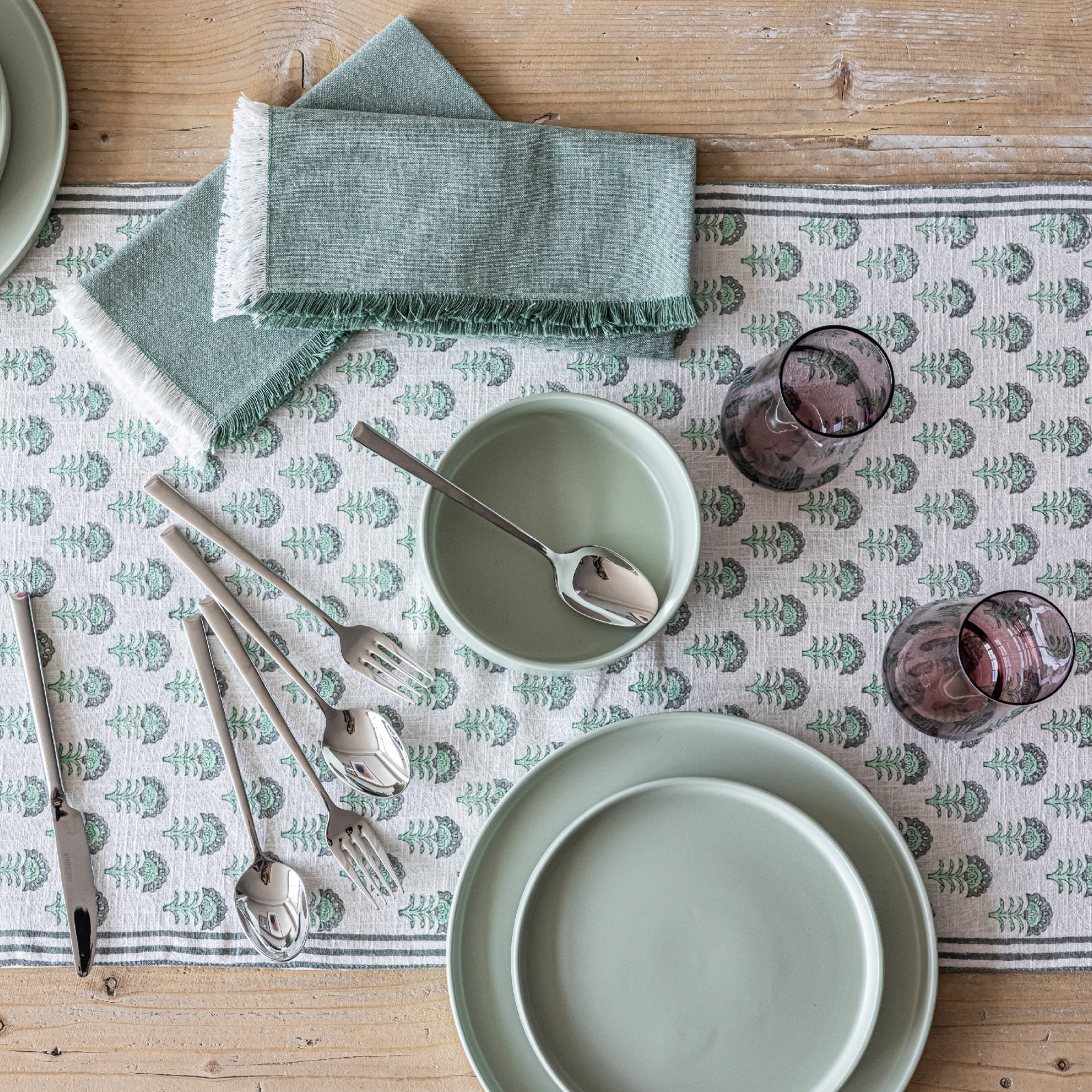over&back Hand-Blocked Table Runner, 18" W x 90" L, Green Flower