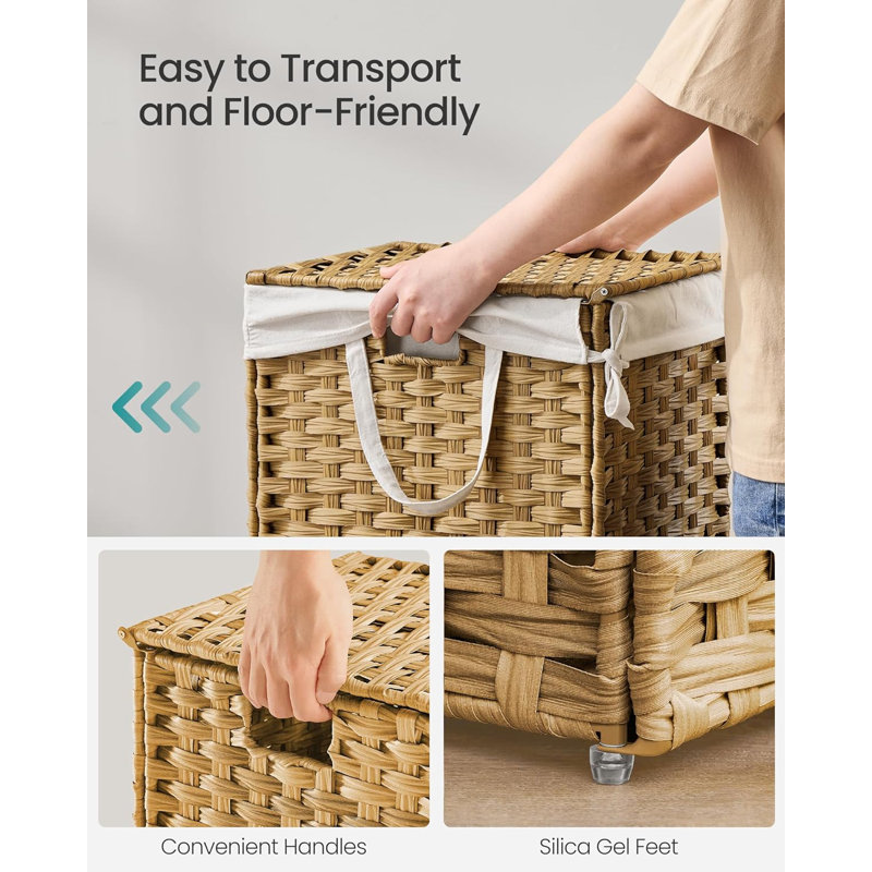 Songmics Laundry Hamper With Lid, 9.5 Gallon (36 L) Synthetic Rattan Clothes Laundry Basket With Lid And Handles, Foldable, Removable Liner, Goose Yellow
