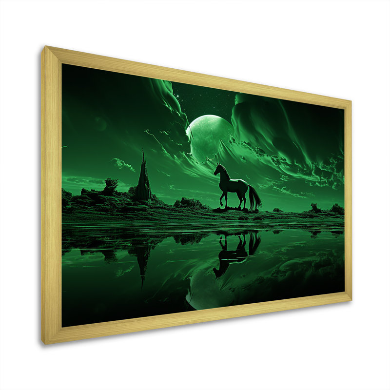 Emerald Enigma Mystical Horse sur toile, H 12 po x l 20 po x P 1 po, Cadre doré simple
