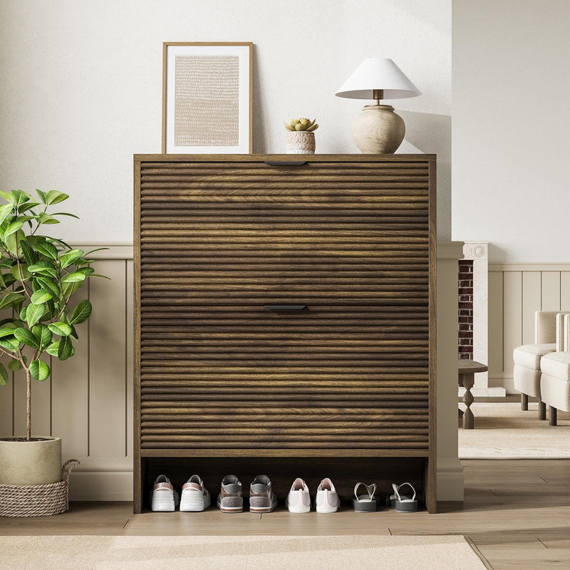 Armoire à chaussures pour le vestibule, armoire à chaussures cannelée avec 2 portes à tiroir rabattable, support caché de 32 po de largeur pour le couloir