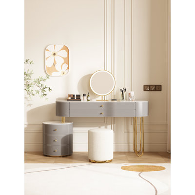 Ensemble de coiffeuse Jahnea-Elegant: table de coiffeuse et tabouret à finition ardoise en cuir Saddle, support en acier inoxydable, installation réversible et miroir à DEL à intensité variable