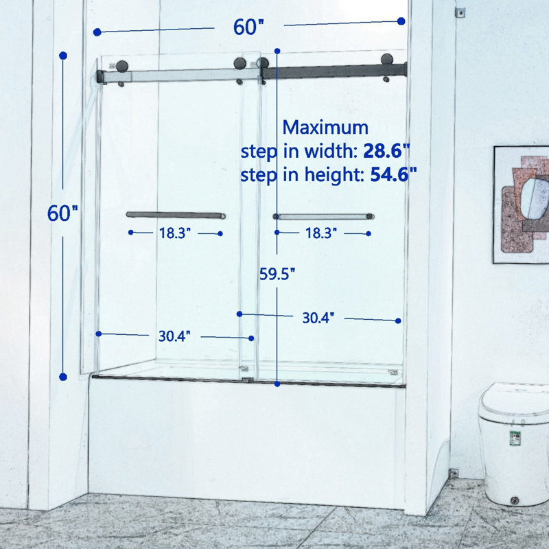 Frameless Double Sliding Tub Shower Door, 56-60"W X 60"H, Matte Black Stainless Steel, 5/16" (8Mm) Tempered Clear Glass