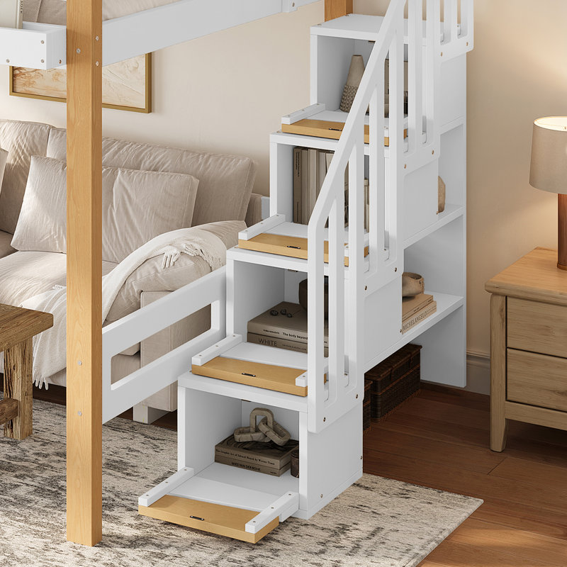 Lit mezzanine en bois AerieLoft avec étagères de rangement et crochet pour vêtements, Lit double