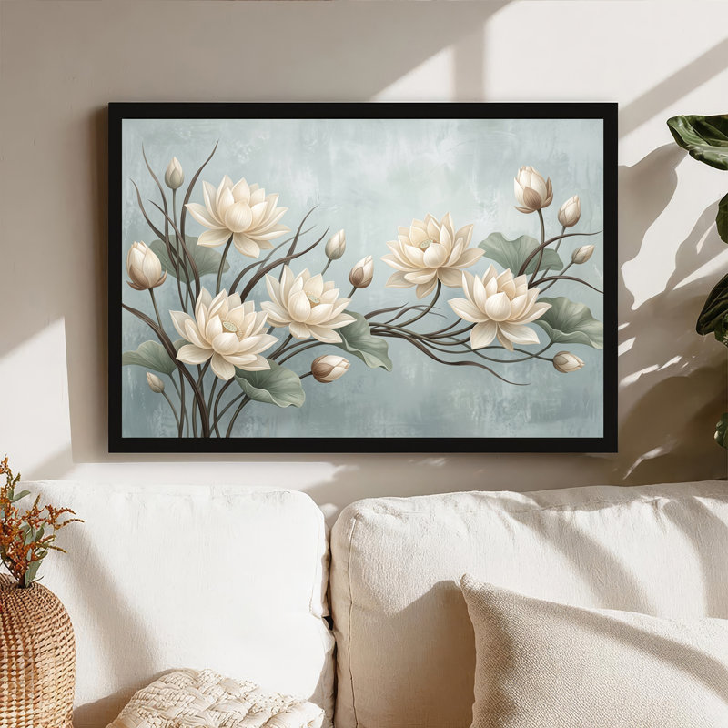 Art sur toile, fleurs de lotus blanc et feuilles vertes sur fond bleu, H 16 po x l 24 po