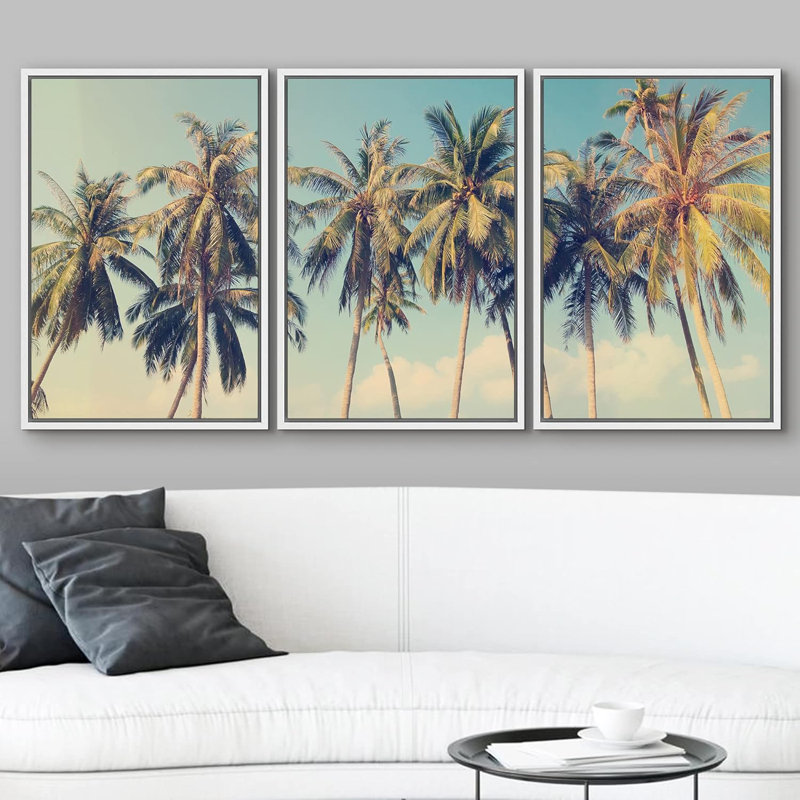 Ensemble de 3 reproductions de photos de palmiers tropicaux sur une plage, H 24 po x l 16 po, Cadre flottant blanc