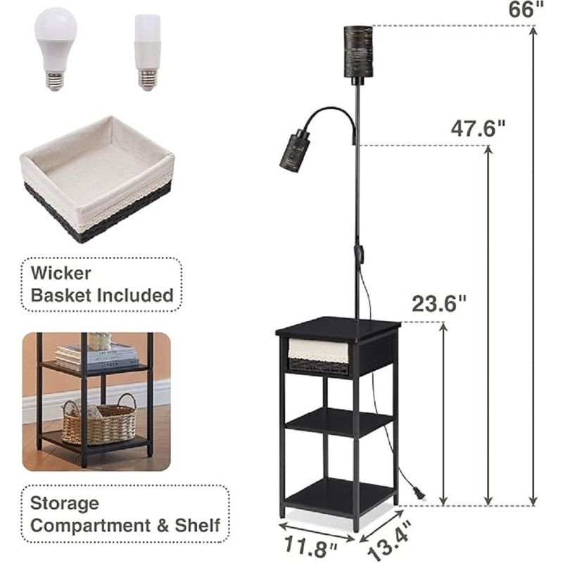 Floor Lamp With End Table, Side Table With Lamp Attached, Bedside Nightstand Light For Small Spaces With Wicker Drawer And Storage Shelf For Living Room, Bedroom, Guest Room, 2 Bulbs Included