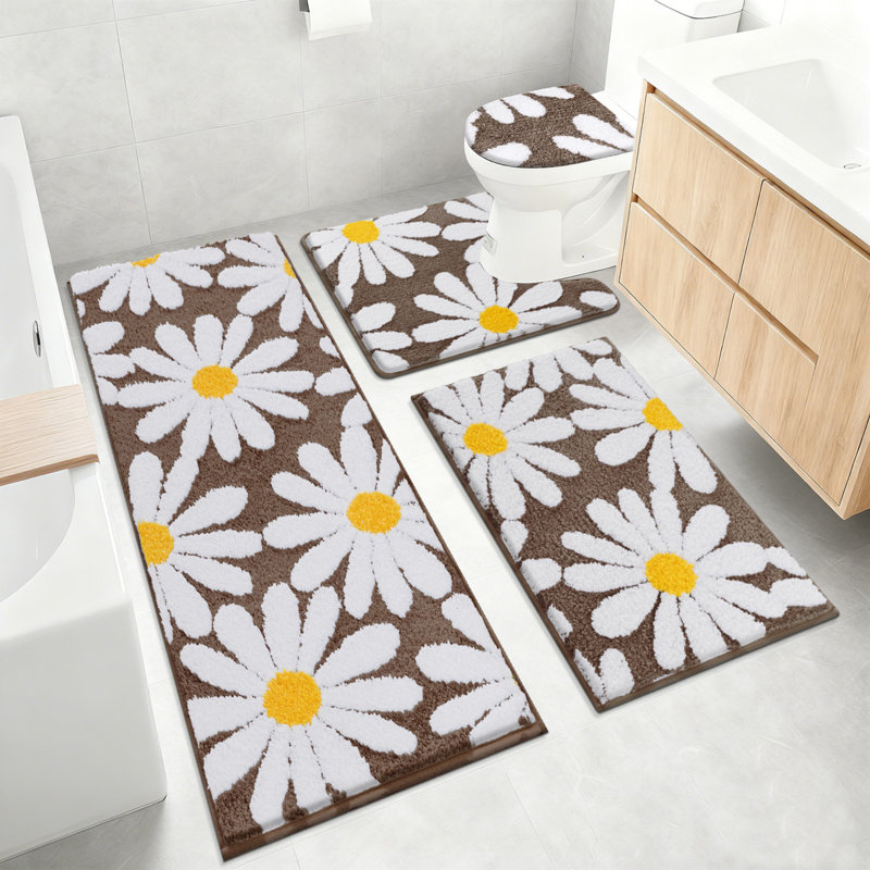 4 Piece Soft Absorbent Microfiber Bath Rug Set With Non-Slip Backing, Brown