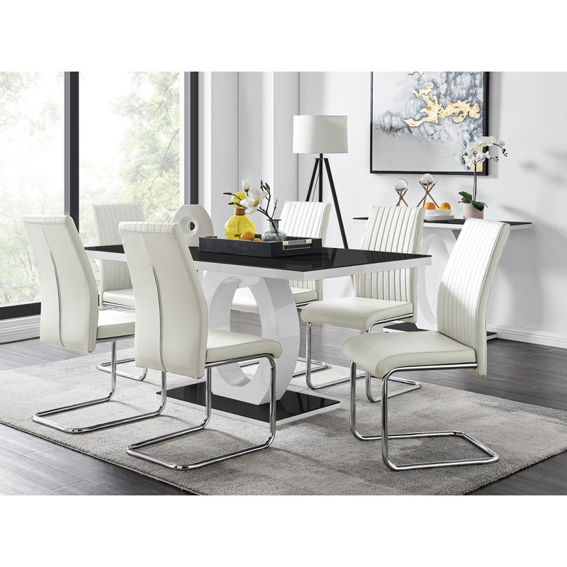 Scottsmoor Modern High Gloss & Glass Dining Table with 6 Luxury Faux Leather Chairs, White