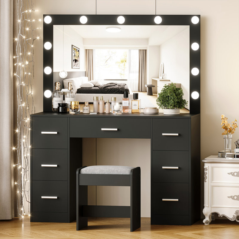 Latitude Run® Vanity Desk Set with Lighted Large Mirror & Cushioned Stool, Bedroom Dressing Table With 7 Drawers, Black