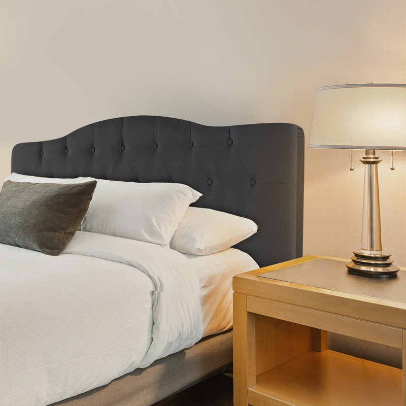 Button Tufted Upholstered Adjustable Full Size Headboard in Linen Fabric, Metal Legs, Dark Gray